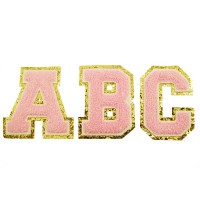 opstrijk letter H badstof roze met gouden rand  8 x 8 cm