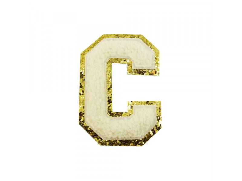 opstrijk letter C badstof off-white met goud glitter rand  8 x 8 cm