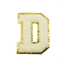 opstrijk letter D badstof off-white met goud glitter rand 8 x 8 cm