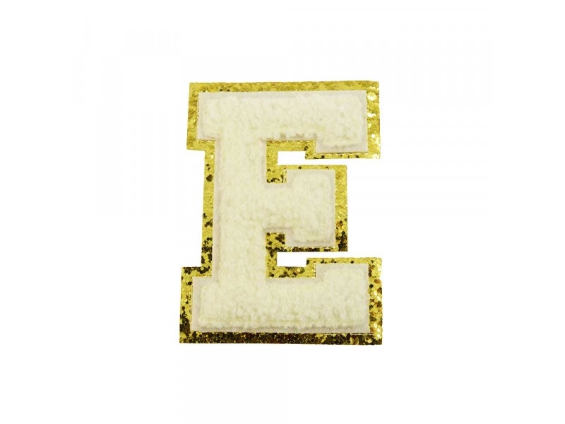 opstrijk letter E badstof off-white met goud glitter rand 8 x 8 cm