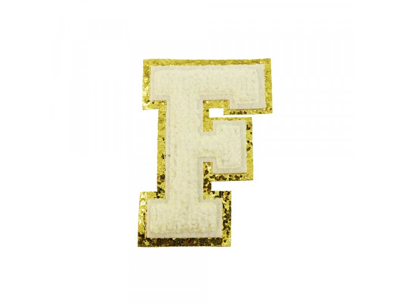 opstrijk letter F badstof off-white met goud glitter rand 8 x 8 cm