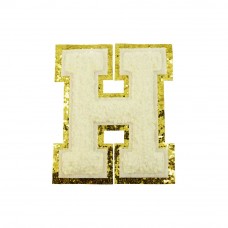 opstrijk letter H badstof off-white met goud glitter rand 8 x 8 cm