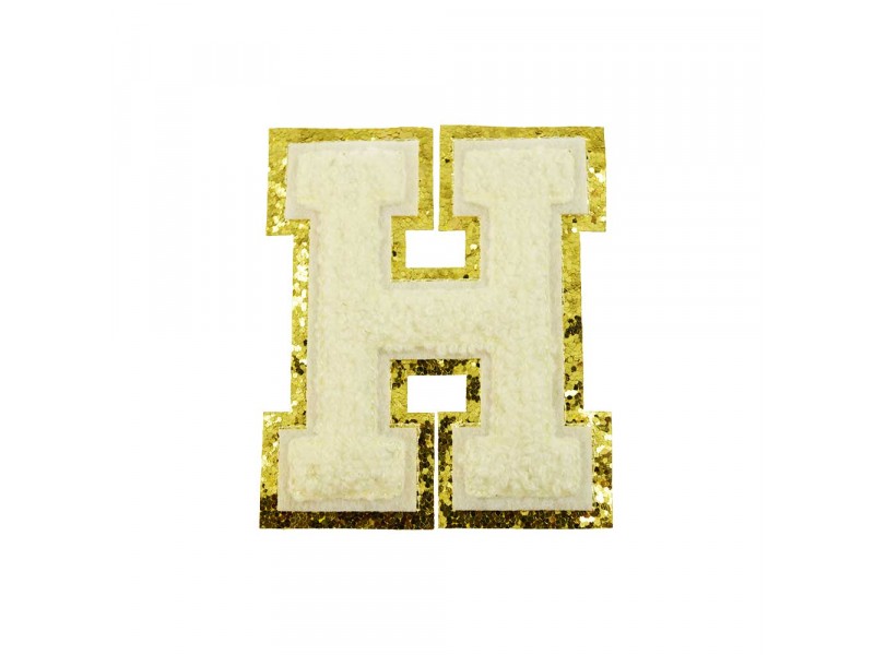 opstrijk letter H badstof off-white met goud glitter rand 8 x 8 cm