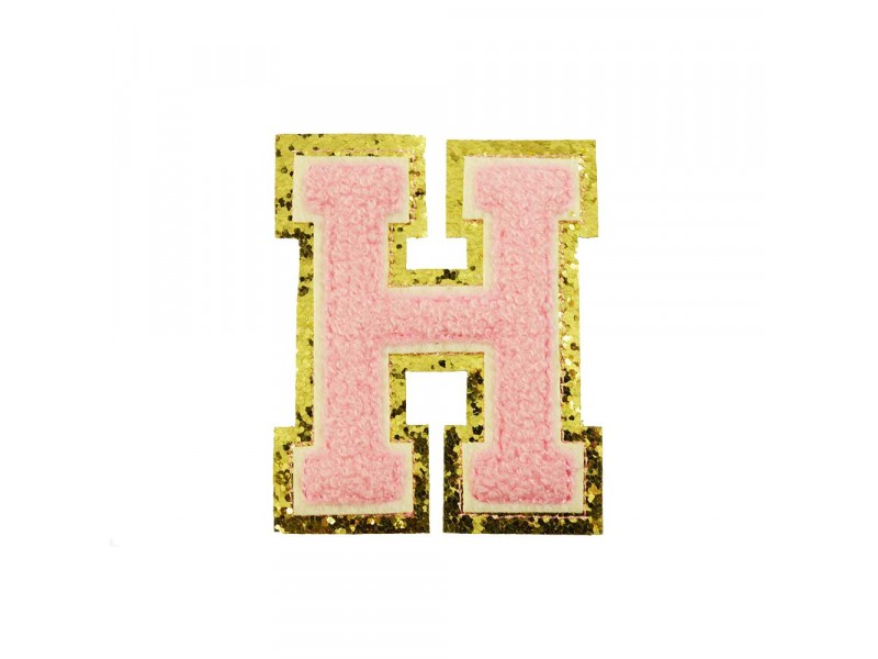 opstrijk letter H badstof roze met gouden rand  8 x 8 cm