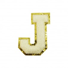 opstrijk letter J badstof off-white met goud glitter rand 8 x 8 cm