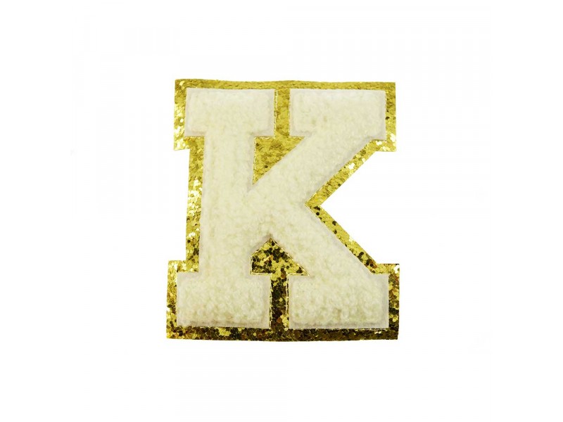 opstrijk letter K badstof off-white met goud glitter rand 8 x 8 cm