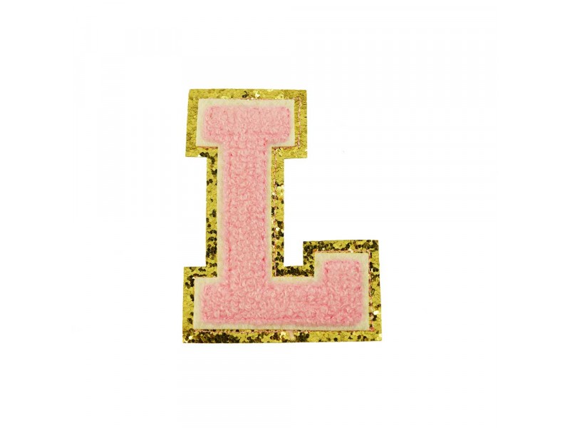 opstrijk letter L badstof roze met gouden rand 8 x 8 cm