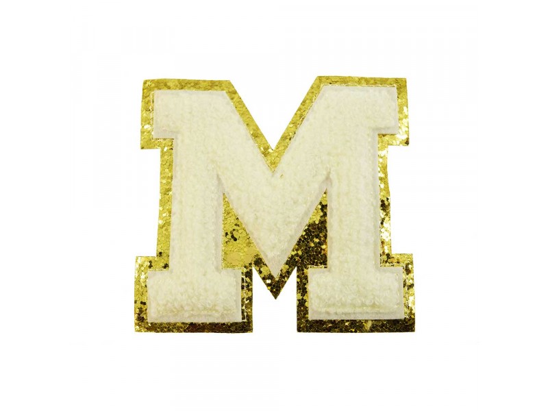 opstrijk letter M badstof off-white met goud glitter rand 8 x 8 cm