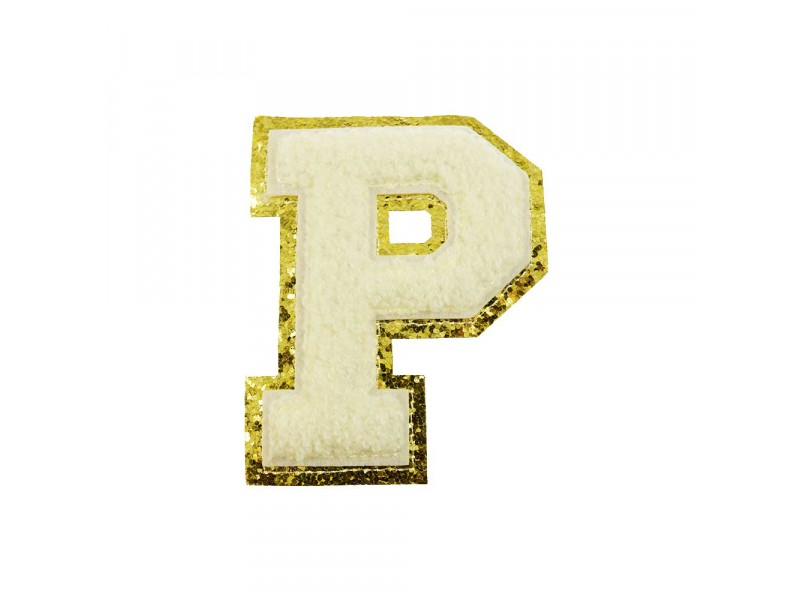 opstrijk letter P badstof off-white met goud glitter rand 8 x 8 cm