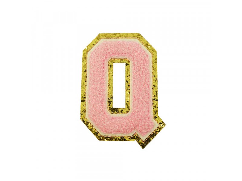 opstrijk letter Q badstof roze met gouden rand 8 x 8 cm