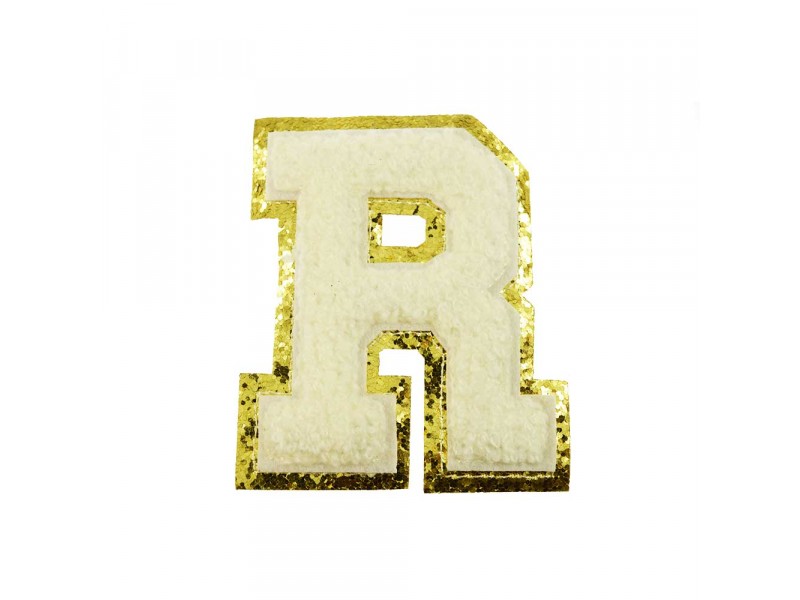 opstrijk letter R badstof off-white met goud glitter rand 8 x 8 cm