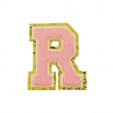  opstrijk letter R badstof roze met gouden rand 8 x 8 cm