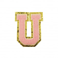  opstrijk letter U badstof roze met gouden rand 8 x 8 cm