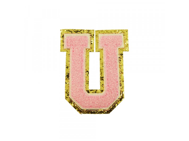  opstrijk letter U badstof roze met gouden rand 8 x 8 cm