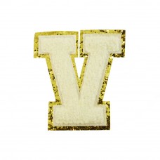 opstrijk letter V badstof off-white met goud glitter rand 8 x 8 cm