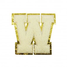 opstrijk letter W badstof off-white met goud glitter rand 8 x 8 cm