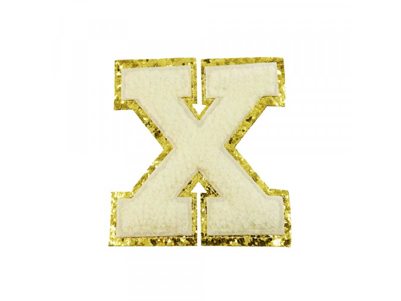 opstrijk letter X badstof off-white met goud glitter rand 8 x 8 cm