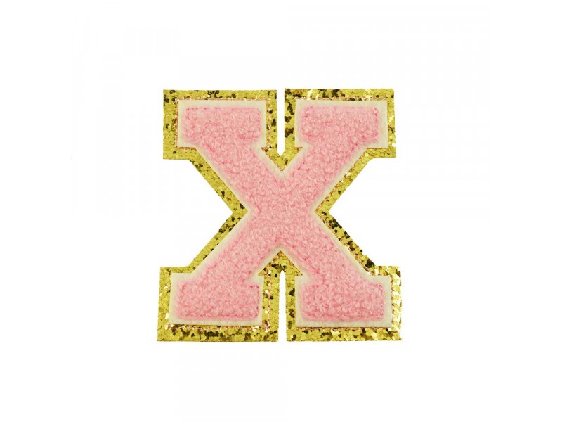  opstrijk letter X badstof roze met gouden rand 8 x 8 cm