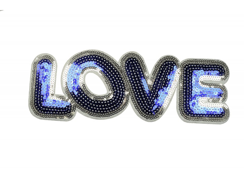 opstrijkbare love patch pailletten blauw 24 x 8 cm